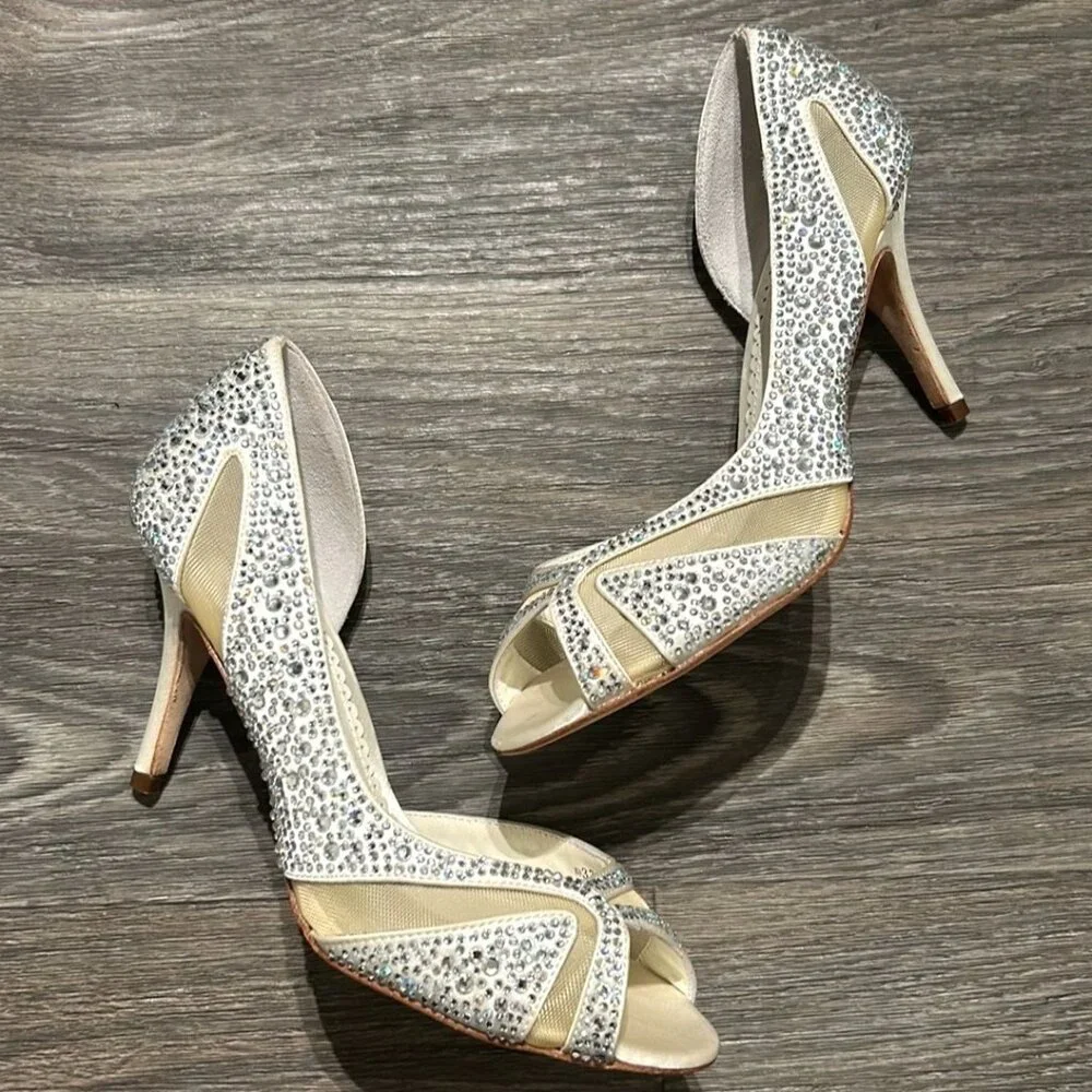 Benjamin Adams Heels 7 37.5 Prom Catherine Sparkle Duchesse Silk Wedding Peeptoe